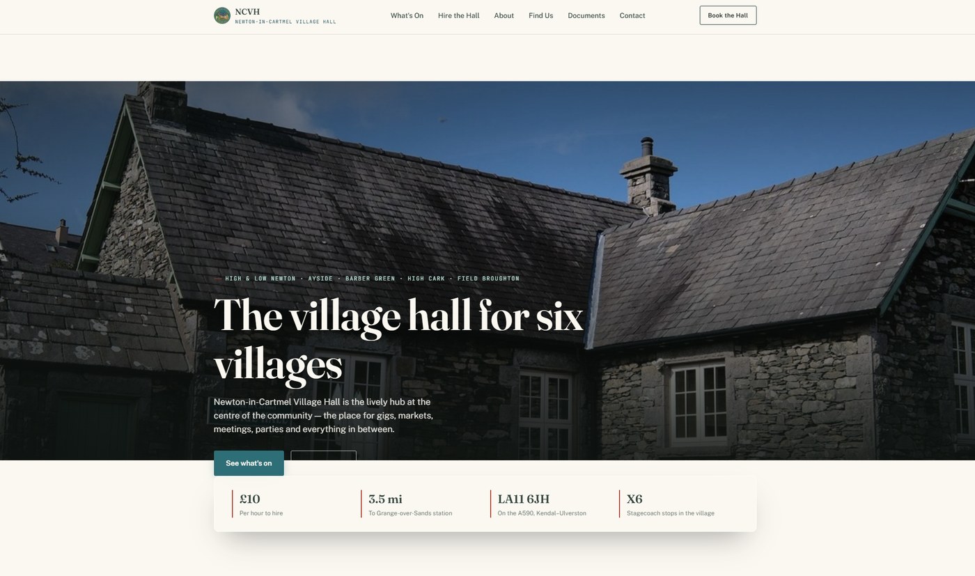 The new Newton-in-Cartmel Village Hall homepage, with real photography of the hall and a clear hero message