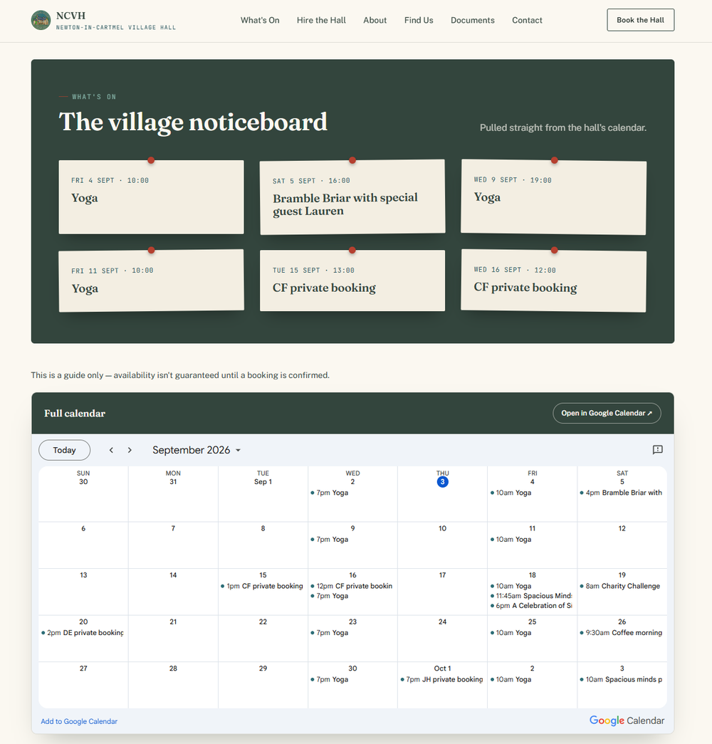 The new What's On page, showing a styled village noticeboard pulled automatically from the hall's Google Calendar