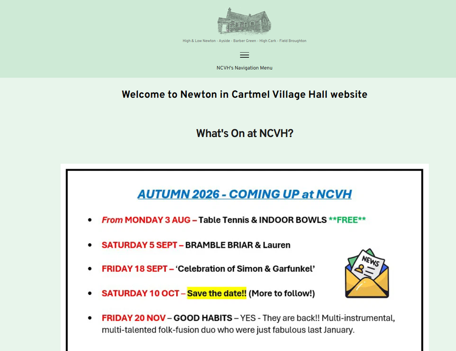 The old Newton-in-Cartmel Village Hall homepage, built on Brizy Cloud with plain text listings and no real visual hierarchy