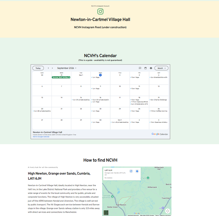 The old site's What's On page, an embedded Instagram widget above a plain Google Calendar view